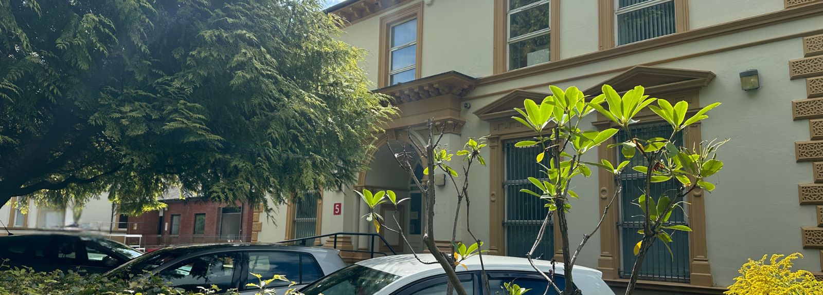 Entrance of 5 Leannoxvale yellow rendered georgian building, taken from behind a few branches, with three cars and a tree in the foreground